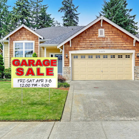 Three Piece Extra Large Garage Sale Sign Kit With Stakes, 24 By 16 Inches, yard sign on lawn by driveway