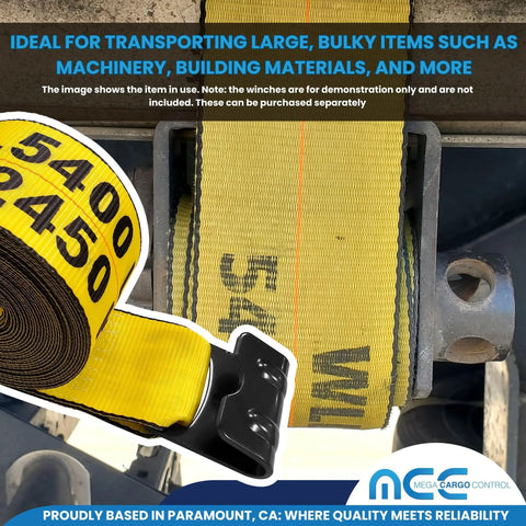 Beefy Yellow 4 Inch By 60 Foot Tie Down Straps Pack Of 2 Heavy Duty Winch Straps With Flat Hooks in use on machinery