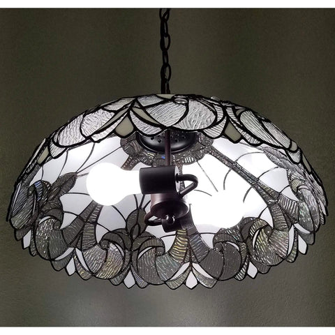 Retro Style Stained Glass Pendant Light With 18 Inch White Shade Two Light Fixture For Living Room Dining Room Kitchen Game Room Or Restaurant Decor LED Compatible 50 Inch Max Height