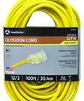 Heavy Duty Outdoor Extension Cord 12 Gauge 100 Feet With Lighted End, Weatherproof SJTW, Yellow, coiled with packaging visible
