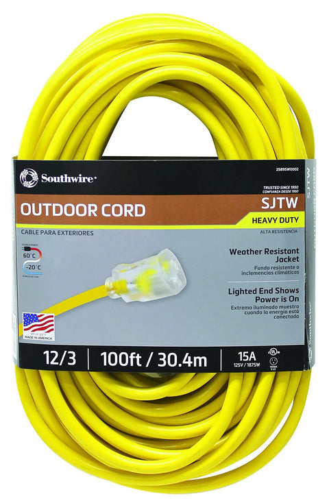 Heavy Duty Outdoor Extension Cord 12 Gauge 100 Feet With Lighted End, Weatherproof SJTW, Yellow, coiled with packaging visible