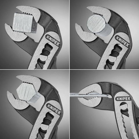 Alligator Water Pump Pliers XL 16 Inch Beefy Grip Self Locking for Pipes and Nuts demonstrating grip angles on various objects