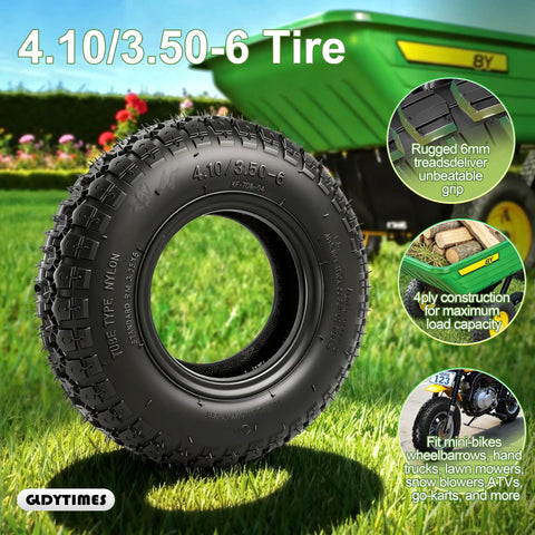 4.10/3.50-6 Outer Tire for Go Karts ATVs Quads and More Replaces 13x4.00-6 with lawn mower and garden in background
