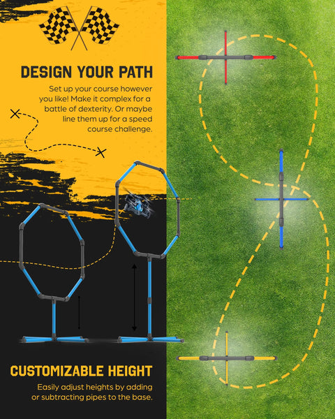Drone Obstacle Course Kit For RC FPV Racing Includes Three Easy To Build Hoop Sizes And Game Loop Gate Set shown with course layout.
