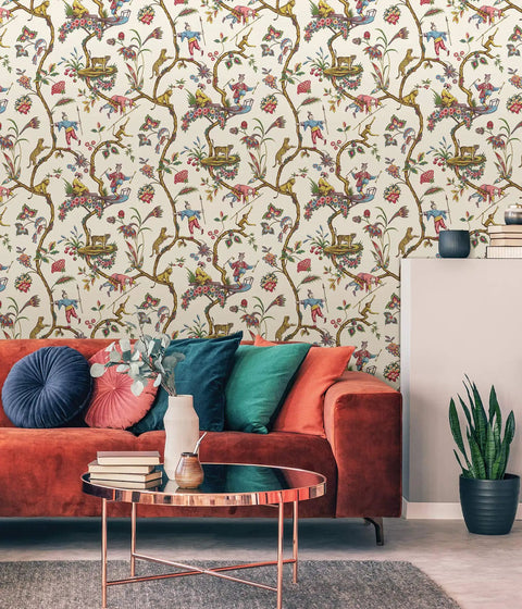 Multicolor White Chinoise Exotique Peel And Stick Wallpaper Removable Wall Covering For A Quick Room Makeover Easy To Apply Repositionable And No Mess Safe For Walls No Residue 20.87 In By 18 Ft