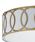 Brass Gold Modern LED Flush Mount Ceiling Light With White Linen Drum Shade And Geometric Fretwork close-up detail