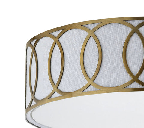 Brass Gold Modern LED Flush Mount Ceiling Light With White Linen Drum Shade And Geometric Fretwork close-up detail