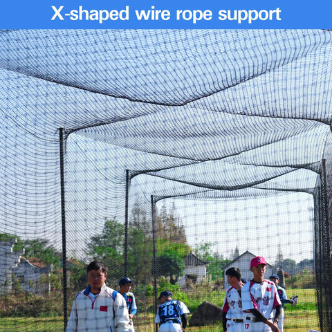 70 Foot Baseball Batting Cage For Backyard Practice With Durable Netting And Frame, showcasing X-shaped wire rope support
