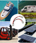 50 Amp Dual Y Splitter Plug for Battery Power Connectors 1 to 2 Cable with 6mm Wire, Forklift Charger and Lithium Battery Transfer, Ideal for Electric Vehicles, Boats, RVs, and Portable Power Systems, shown with boat, RV, forklift, and solar use
