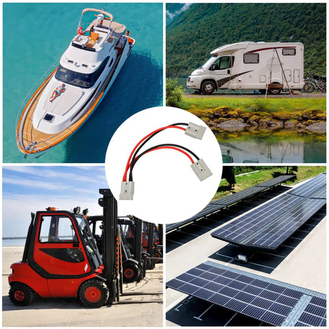 50 Amp Dual Y Splitter Plug for Battery Power Connectors 1 to 2 Cable with 6mm Wire, Forklift Charger and Lithium Battery Transfer, Ideal for Electric Vehicles, Boats, RVs, and Portable Power Systems, shown with boat, RV, forklift, and solar use