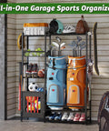 All In One Sports Gear Organizer For Home Garage Club And Basement With Dual Golf Bag Storage Rack