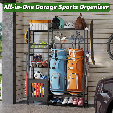 All In One Sports Gear Organizer For Home Garage Club And Basement With Dual Golf Bag Storage Rack