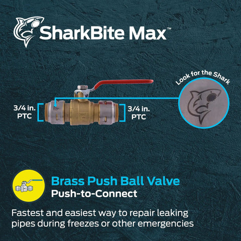 Max 3/4 Inch Push To Connect Brass Ball Valve For Plumbing Fittings with red handle and SharkBite Max logo