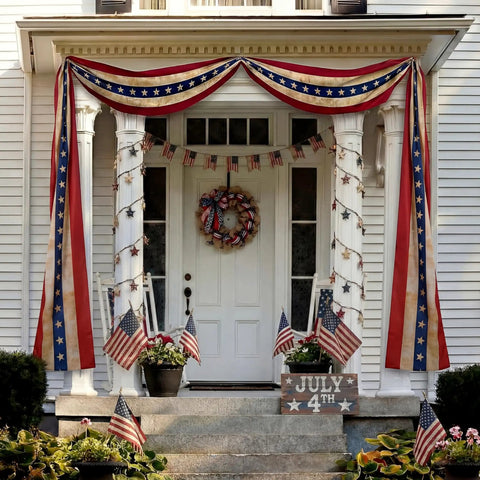 Patriotic Flag Bunting Set, 2 Pack Of 2x20 Ft Outdoor Banners, Red White Blue Retro Vibe For 4th Of July And 250th Anniversary on porch