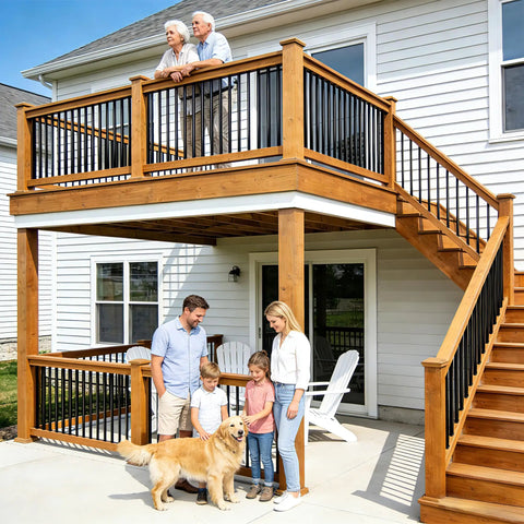 Round Wrought Iron Look Stair Balusters Heavy Duty Interior Exterior Deck Railing Spindles Built Tough For Home Projects 44 Inches Tall Sharp Satin Black Coating 15 Piece Package with family on deck.