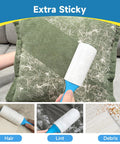 Extra Sticky Lint Roller With 600 Sheets, Easy Spiral Tear for Effortless Sheet Removal, shown cleaning hair from cushion