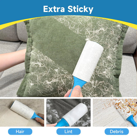 Extra Sticky Lint Roller With 600 Sheets, Easy Spiral Tear for Effortless Sheet Removal, shown cleaning hair from cushion