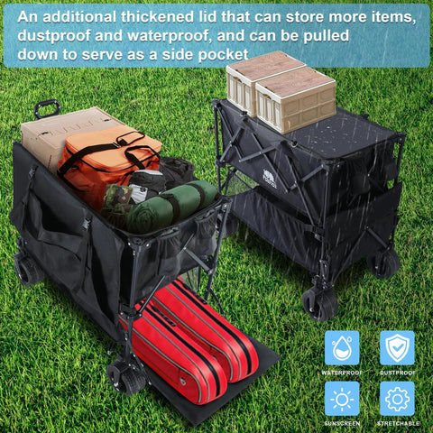 700lb Capacity Double Decker Collapsible Wagon With Detachable Waterproof Cover and extended storage on grass