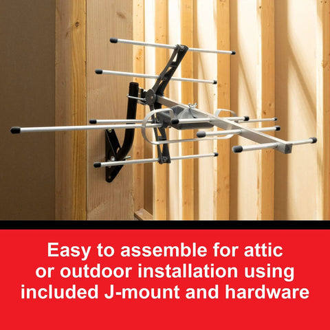 Outdoor HD Digital Long Range TV Antenna With J Mount For Attic Or Outdoor Use installed on a wooden wall