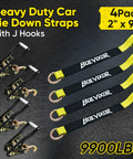 Four Pack Beefy Car Tie Down Straps For Trailers Two Inch By Ninety Six Inch With 9900 Lbs Break Strength Tire Ratchet Straps