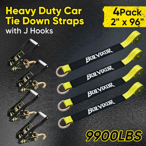 Four Pack Beefy Car Tie Down Straps For Trailers Two Inch By Ninety Six Inch With 9900 Lbs Break Strength Tire Ratchet Straps