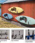 Heavy Duty Kayak Wall Mount Rack With 100 Lb Capacity For Kayaks Paddleboards Surfboards Snowboards And More Garage Storage Space Saver Wall Hanger Keeps Your Gear Neatly Off The Floor installed on red wall