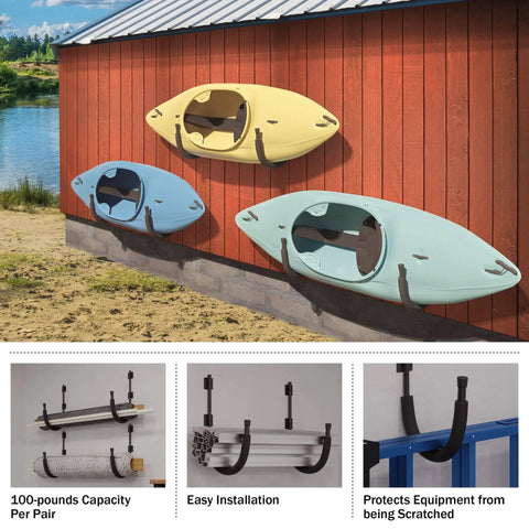 Heavy Duty Kayak Wall Mount Rack With 100 Lb Capacity For Kayaks Paddleboards Surfboards Snowboards And More Garage Storage Space Saver Wall Hanger Keeps Your Gear Neatly Off The Floor installed on red wall