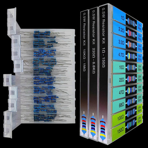 Resistor assortment kit with blue axial metal-film resistors in a multi-drawer plastic organizer (600 pcs, 30 values)