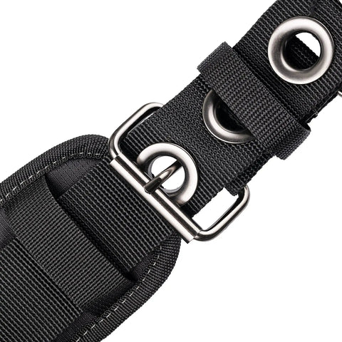 Close-up of buckle on One Size Fits All Carpenter And Framer Construction Rig With Suspenders And Two Bag Tool Belt 24 Pockets