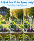 Solar Powered Fountain With 2000mAh Battery Backup on bird bath showing 3 adjustable spray heights, surrounded by garden flowers.