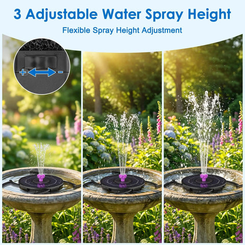 Solar Powered Fountain With 2000mAh Battery Backup on bird bath showing 3 adjustable spray heights, surrounded by garden flowers.