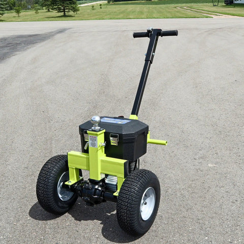 Tow Tuff Electric Trailer Dolly With 3500 Lb Capacity, heavy duty battery powered handcart with wheels on smooth surface.