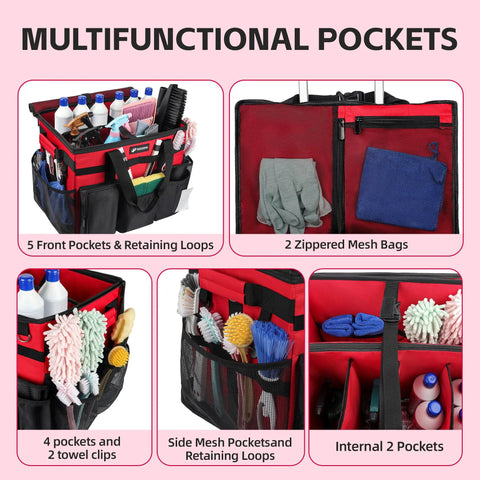 Rolling Cleaning Caddy With Wheels Large Capacity 40L, showing multiple pockets for tools and supplies.