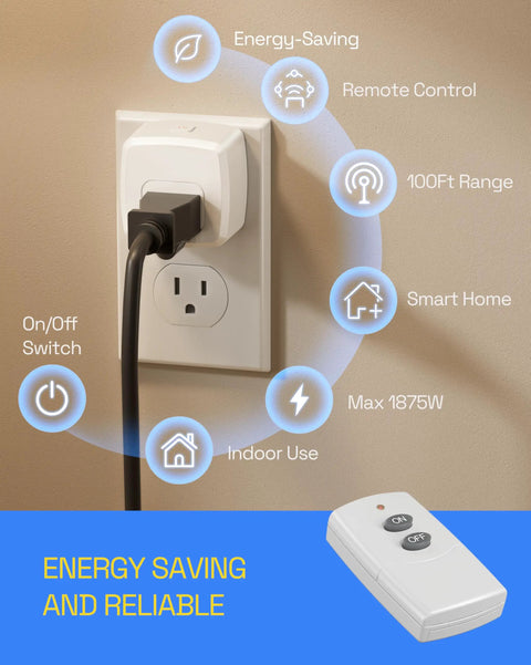 Wireless Remote Outlet Plug With 100Ft RF Range, Energy Saving Light Switch For Household Appliances, 15A 1875W shown plugged in