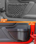 Before and after installation of DP3 Front Door Storage Pockets for Jeep Wrangler JK JKU 2011 2018 shown on car door.