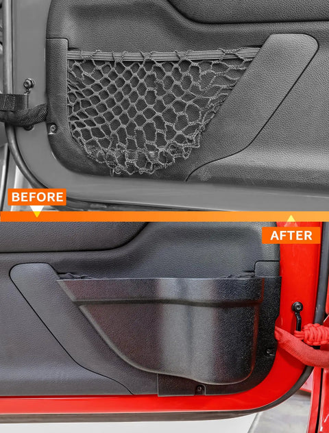 Before and after installation of DP3 Front Door Storage Pockets for Jeep Wrangler JK JKU 2011 2018 shown on car door.