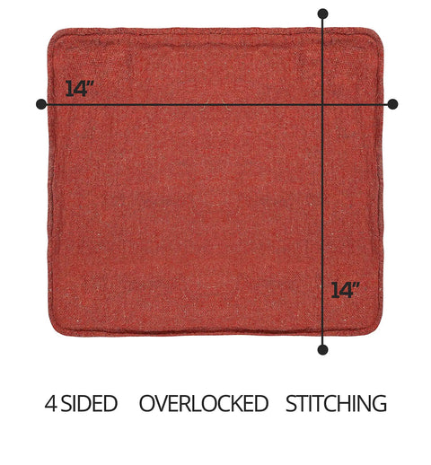 Red Linen Cotton Shop Towels Pack Of 150, 14 by 14 inches, showing overlocked stitching and dimensions for home and industrial use.