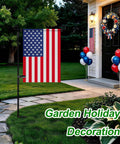 Heavy Duty Garden Flag Stand With Collapsible Steel Holder Pole Weatherproof Coating And Locking Spring Clips For Top Tier Outdoor Decor displaying US flag in garden.