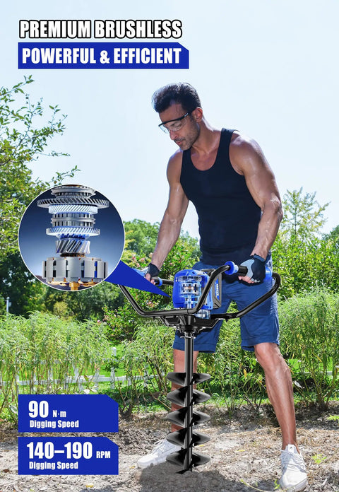 Man using 40V Brushless Cordless Earth Auger With 8 Inch Auger Bit For Fence Posts Battery And Charger Included Dig Holes Fast