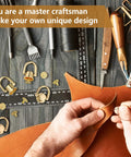 Hands working with leather using 12 Pieces D Ring Stud Screws With Ball Head Buttons For Purses And Leather DIY Projects, tools visible