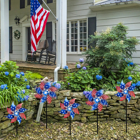 Ten Pack Reflective Pinwheels Patriotic Garden Decor With American Flag On Stick Wind Spinners And Stakes For Independence Day