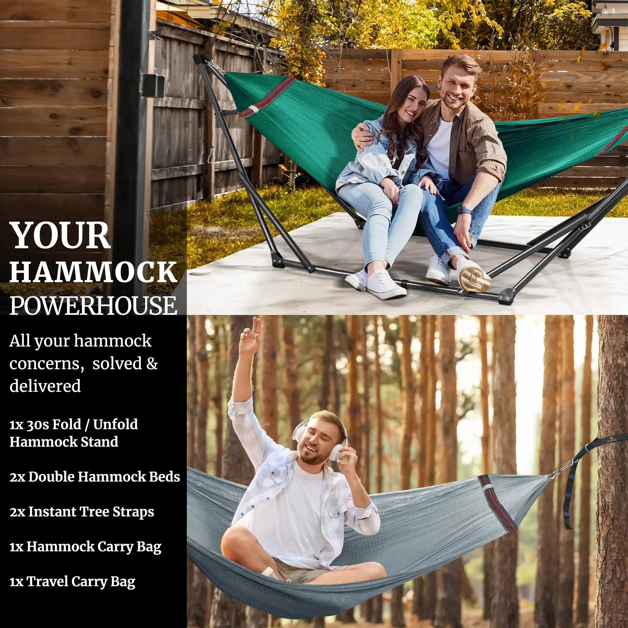 Combo Hammocks, Heavy Duty 600 lbs, 2 Person Set ✓