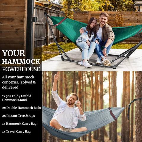Combo Hammocks With Stand For Outdoor And Indoor Use, Heavy Duty 600 Lbs Capacity, 2 Person Set with people lounging, Peacock