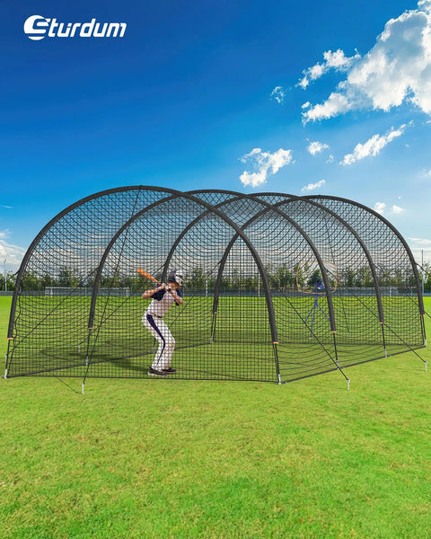 Portable Baseball Batting Cage With Carrying Bag 30X12X8 Ft backyard setup with stable frame and dense netting in field