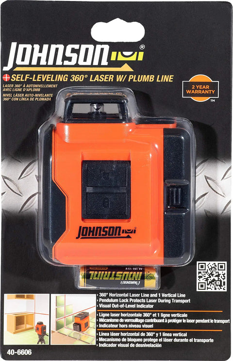 Package of Self Leveling 360 Degree Line Laser with horizontal and vertical beams 50 ft range high precision on the jobsite.