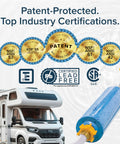 TastePure RV Water Filter Inline System with certifications, hose protector, and RV image
