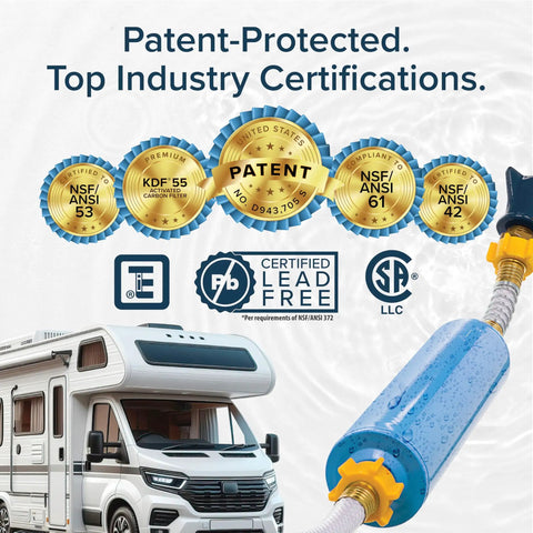 TastePure RV Water Filter Inline System with certifications, hose protector, and RV image