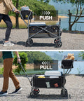 Push And Pull Collapsible Shopping Cart With Wheels And Brakes Foldable Grocery Wagon With Built In Basket Side Pockets And Cup Holders Beach And Camping Utility Rolling Cart Black in use.