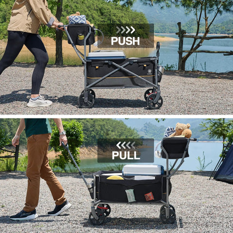 Push And Pull Collapsible Shopping Cart With Wheels And Brakes Foldable Grocery Wagon With Built In Basket Side Pockets And Cup Holders Beach And Camping Utility Rolling Cart Black in use.