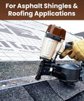Heavy Duty Coil Roofing Nails 1 1/4 Inch Electro Galvanized Smooth Shank 15 Degree Spiral Fasteners No Sweat Nail Gun Feeding being used on asphalt shingles.